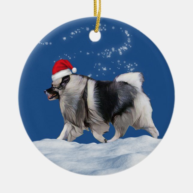 Keeshond Santa Christmas Ceramic Tree Decoration (Front)