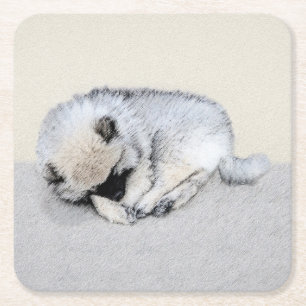 Keeshond Sleeping Puppy Painting - Original Dog Ar Square Paper Coaster
