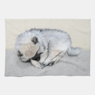 Keeshond Sleeping Puppy Painting - Original Dog Ar Tea Towel