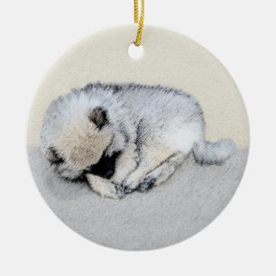 Keeshond Sleeping Puppy Painting Original Dog Art Ceramic Tree Decoration