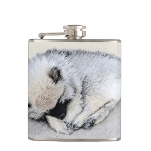 Keeshond Sleeping Puppy Painting Original Dog Art Hip Flask