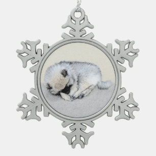 Keeshond Sleeping Puppy Painting Original Dog Art Snowflake Pewter Christmas Ornament