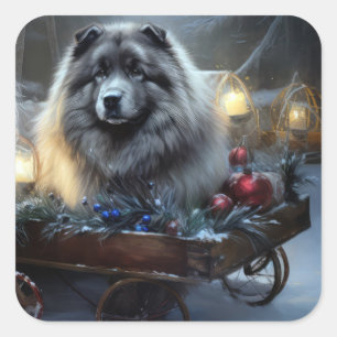 Keeshond Snowy Sleigh Christmas Decor Square Sticker