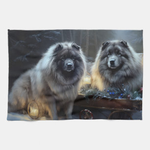 Keeshond Snowy Sleigh Christmas Decor Tea Towel