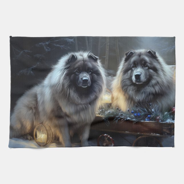 Keeshond Snowy Sleigh Christmas Decor Tea Towel (Horizontal)
