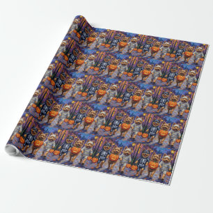 Keeshond Trick-or-Treating in Halloween Costumes Wrapping Paper