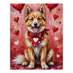 Keeshond Valentine Dog Sitting with Hearts Red Poster