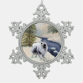 Keeshond Winter Scene Snowflake Pewter Christmas Ornament