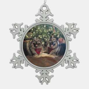 Keeshond with Christmas Tree Snowflake Pewter Christmas Ornament
