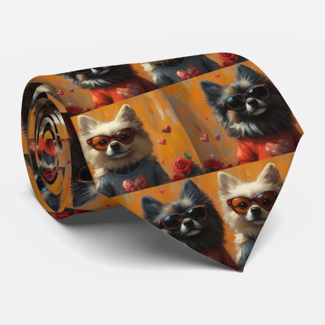 Keeshond with Heart Roses Valentine's Day Tie (Rolled)