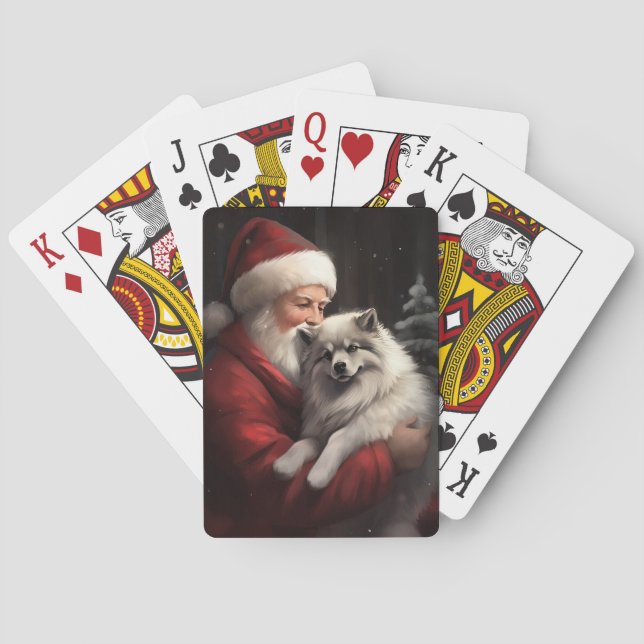 Keeshond With Santa Claus Festive Christmas Playing Cards (Back)