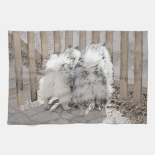 Keeshonds at the Gate Painting - Original Dog Art Tea Towel