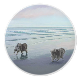Keeshonds at the Seashore Painting Dog Art Ceramic Knob