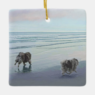 Keeshonds at the Seashore Painting Dog Art Ceramic Ornament