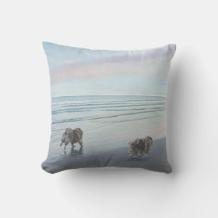 Keeshonds at the Seashore Painting Dog Art Cushion