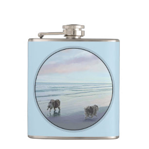 Keeshonds at the Seashore Painting Dog Art Hip Flask
