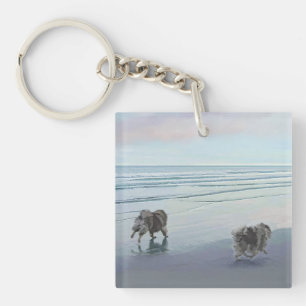 Keeshonds at the Seashore Painting Dog Art Key Ring