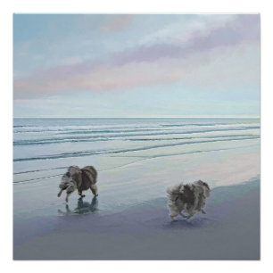 Keeshonds at the Seashore Painting Dog Art Poster