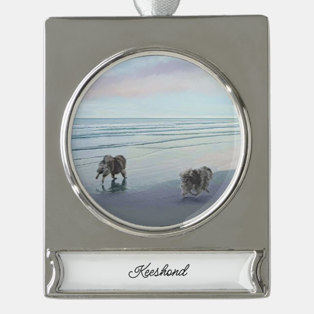 Keeshonds at the Seashore Painting Dog Art Silver Plated Banner Ornament (Front)