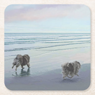 Keeshonds at the Seashore Painting Dog Art Square Paper Coaster