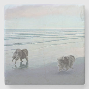 Keeshonds at the Seashore Painting Dog Art Stone Coaster