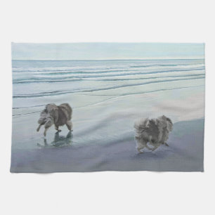 Keeshonds at the Seashore Painting Dog Art Tea Towel