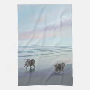 Keeshonds at the Seashore Painting Dog Art Tea Towel