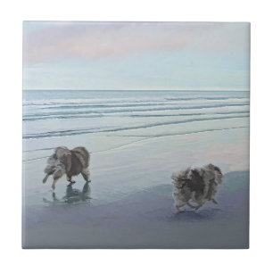 Keeshonds at the Seashore Painting Dog Art Tile