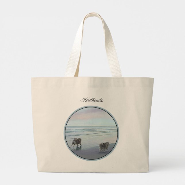 Keeshonds Painting Seashore Beach Original Dog Art Large Tote Bag (Back)