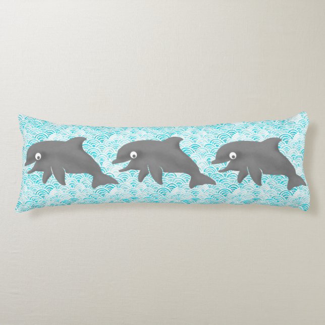 Keiki Watercolor Dolphin Wave And Plaid Reversible Body Cushion (Front)