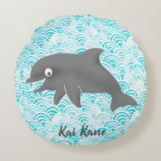 Keiki Watercolor Dolphin Wave Reversible Round Cushion (Front)