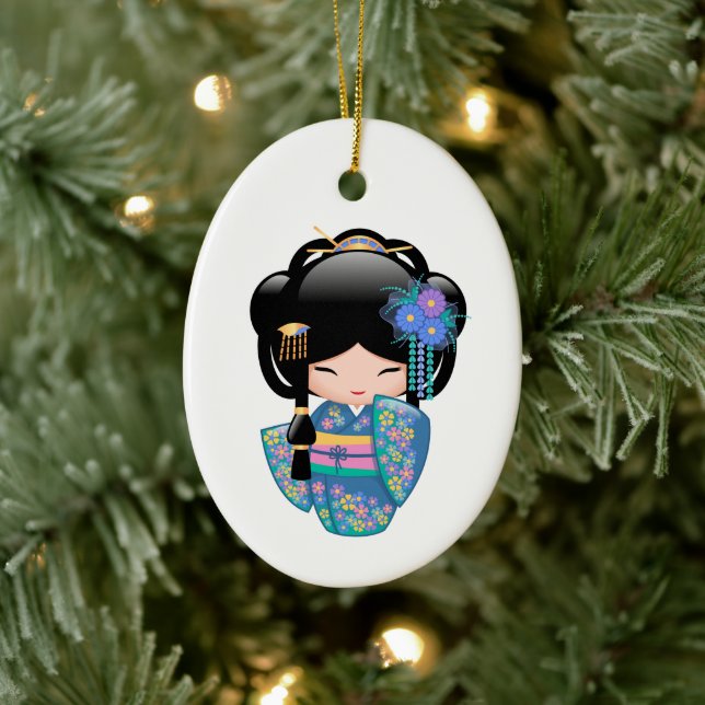 Keiko Kokeshi Doll - Blue Kimono Geisha Ceramic Tree Decoration (Tree)