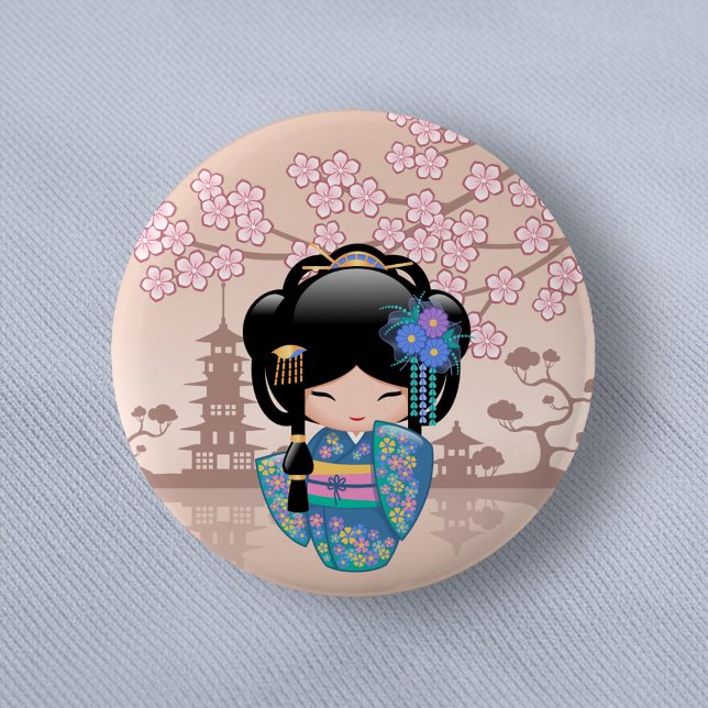 Keiko Kokeshi Doll - Blue Kimono Geisha Girl 6 Cm Round Badge (Creator Uploaded)