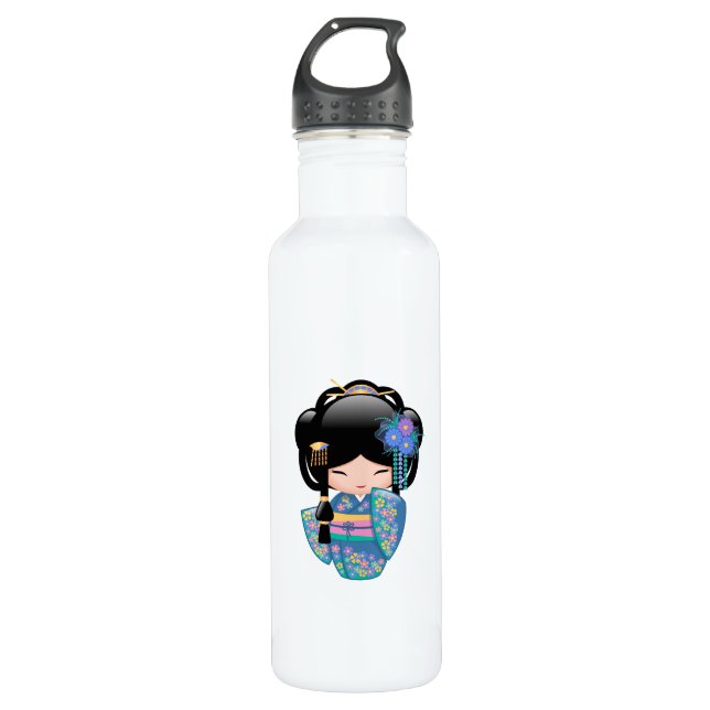 Keiko Kokeshi Doll - Blue Kimono Geisha Girl 710 Ml Water Bottle (Front)