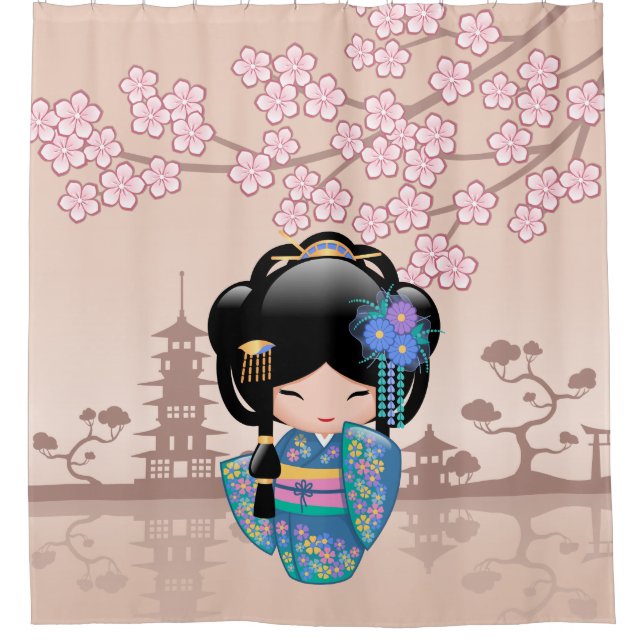Keiko Kokeshi Doll Blue Kimono Geisha Girl Beige Shower Curtain (Front)