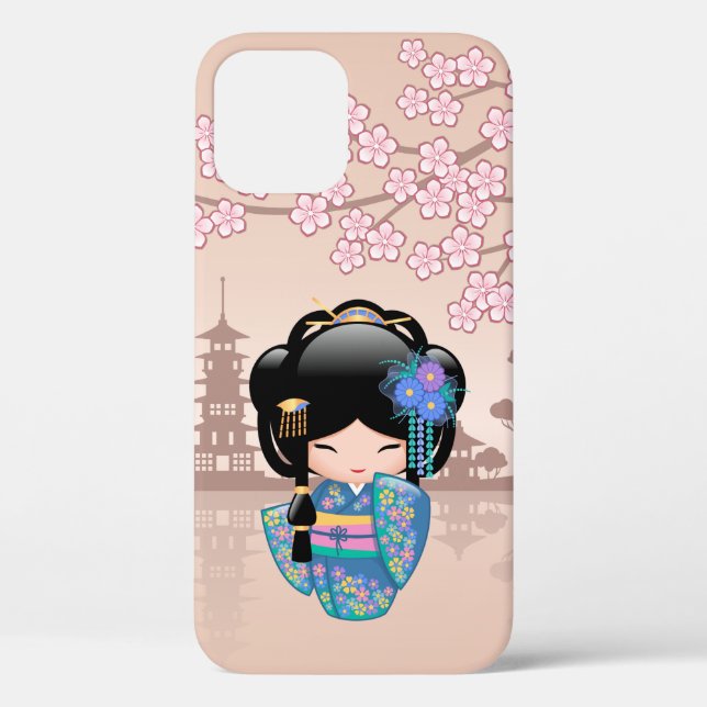 Keiko Kokeshi Doll - Blue Kimono Geisha Girl Case-Mate iPhone Case (Back)