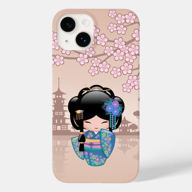 Keiko Kokeshi Doll - Blue Kimono Geisha Girl Case-Mate iPhone Case (Back)