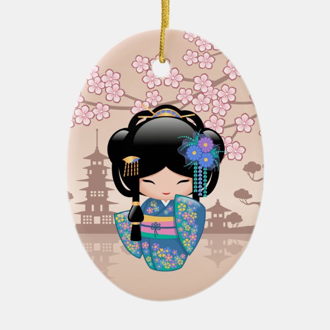 Keiko Kokeshi Doll - Blue Kimono Geisha Girl Ceramic Tree Decoration (Front)