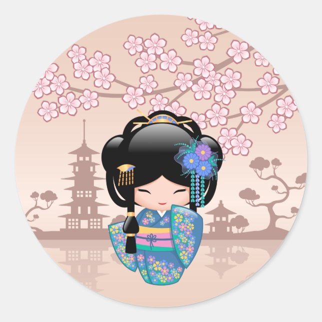Keiko Kokeshi Doll - Blue Kimono Geisha Girl Classic Round Sticker (Front)