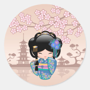 Keiko Kokeshi Doll - Blue Kimono Geisha Girl Classic Round Sticker