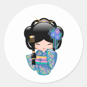 Keiko Kokeshi Doll - Blue Kimono Geisha Girl Classic Round Sticker