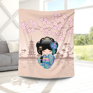 Keiko Kokeshi Doll - Blue Kimono Geisha Girl Fleece Blanket