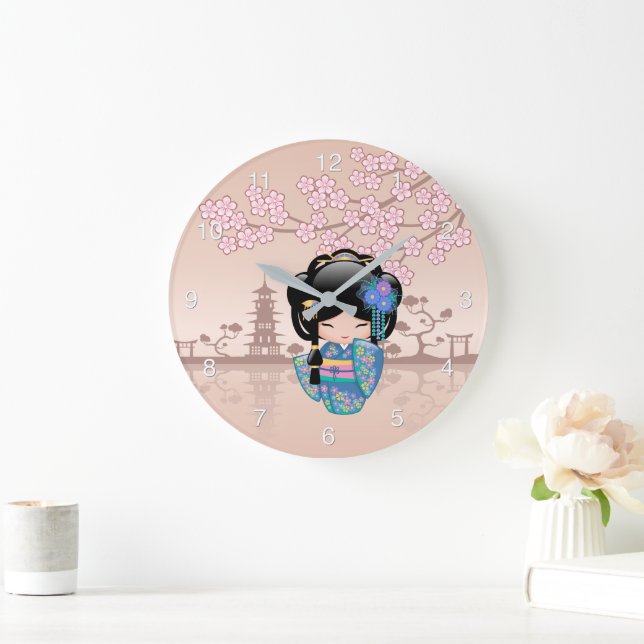 Keiko Kokeshi Doll - Blue Kimono Geisha Girl Large Clock (Home)