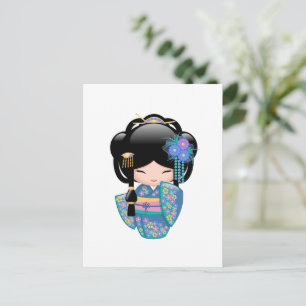 Keiko Kokeshi Doll - Blue Kimono Geisha Girl Postcard
