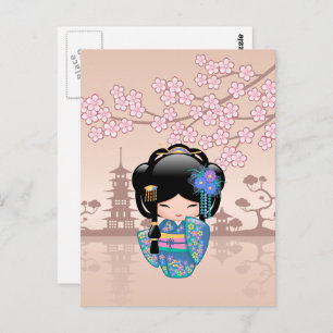 Keiko Kokeshi Doll - Blue Kimono Geisha Girl Postcard