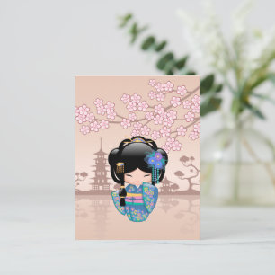 Keiko Kokeshi Doll - Blue Kimono Geisha Girl Postcard
