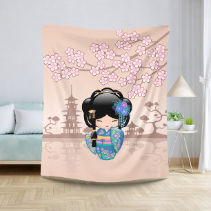 Keiko Kokeshi Doll - Blue Kimono Geisha Girl Sherpa Blanket
