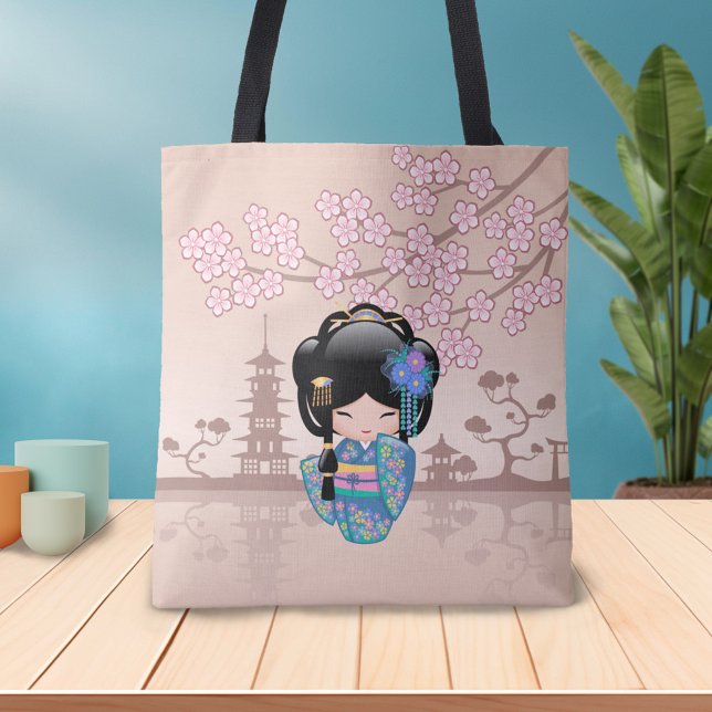 Keiko Kokeshi Doll - Blue Kimono Geisha Girl Tote Bag (Creator Uploaded)