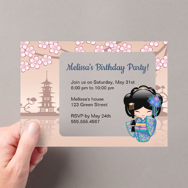 Keiko Kokeshi Transparent Window Birthday Beige Acrylic Invitations (Insitu (Handheld))