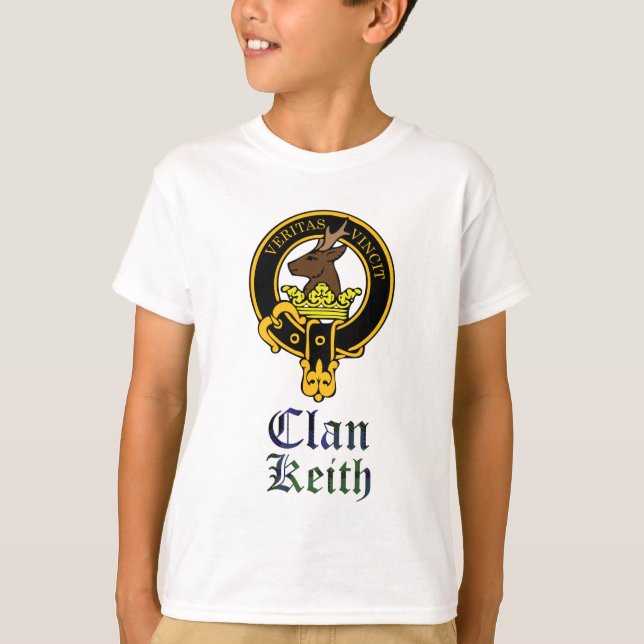Keith scottish crest and tartan clan name T-Shirt (Front)